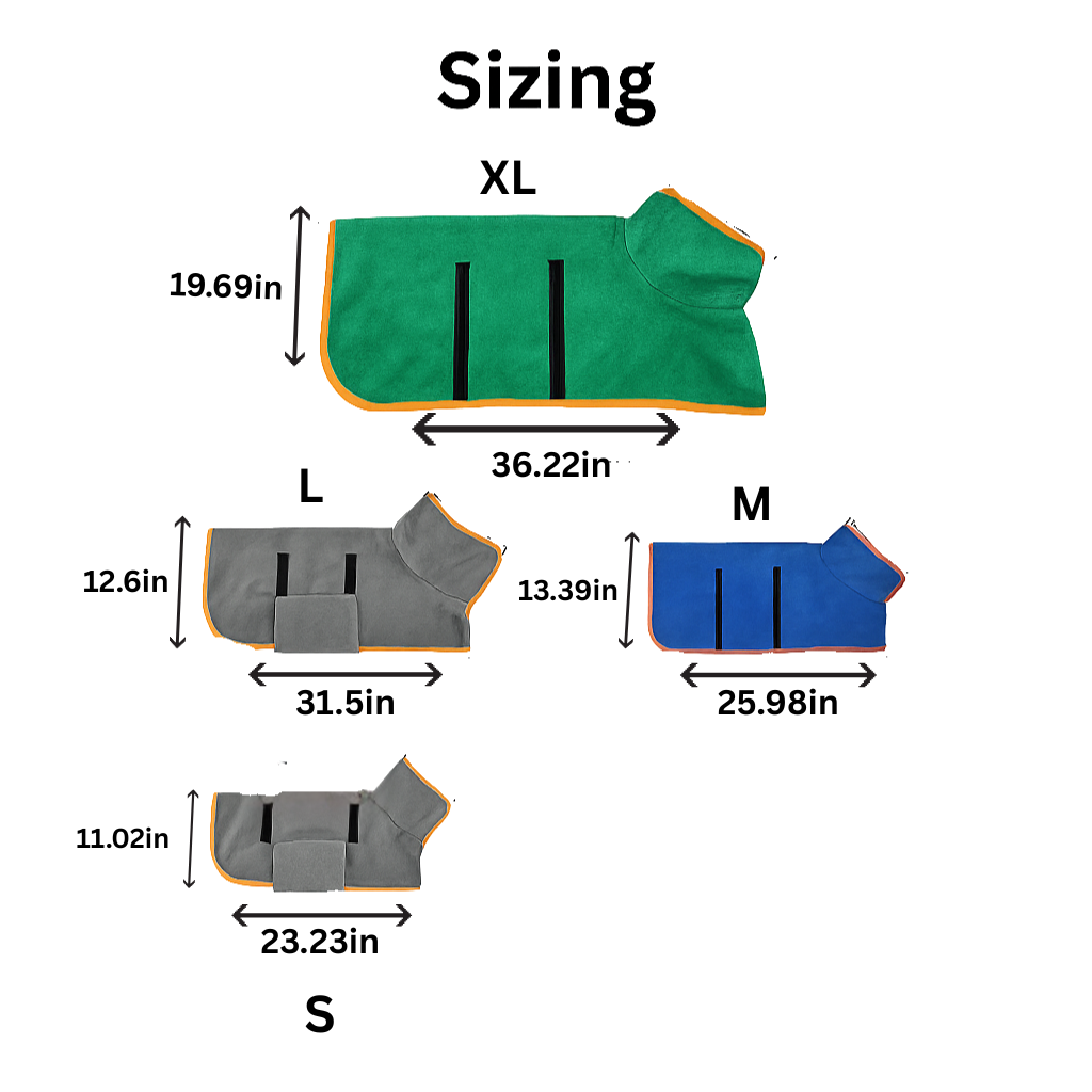 Size chart for dog coats with measurements in inches