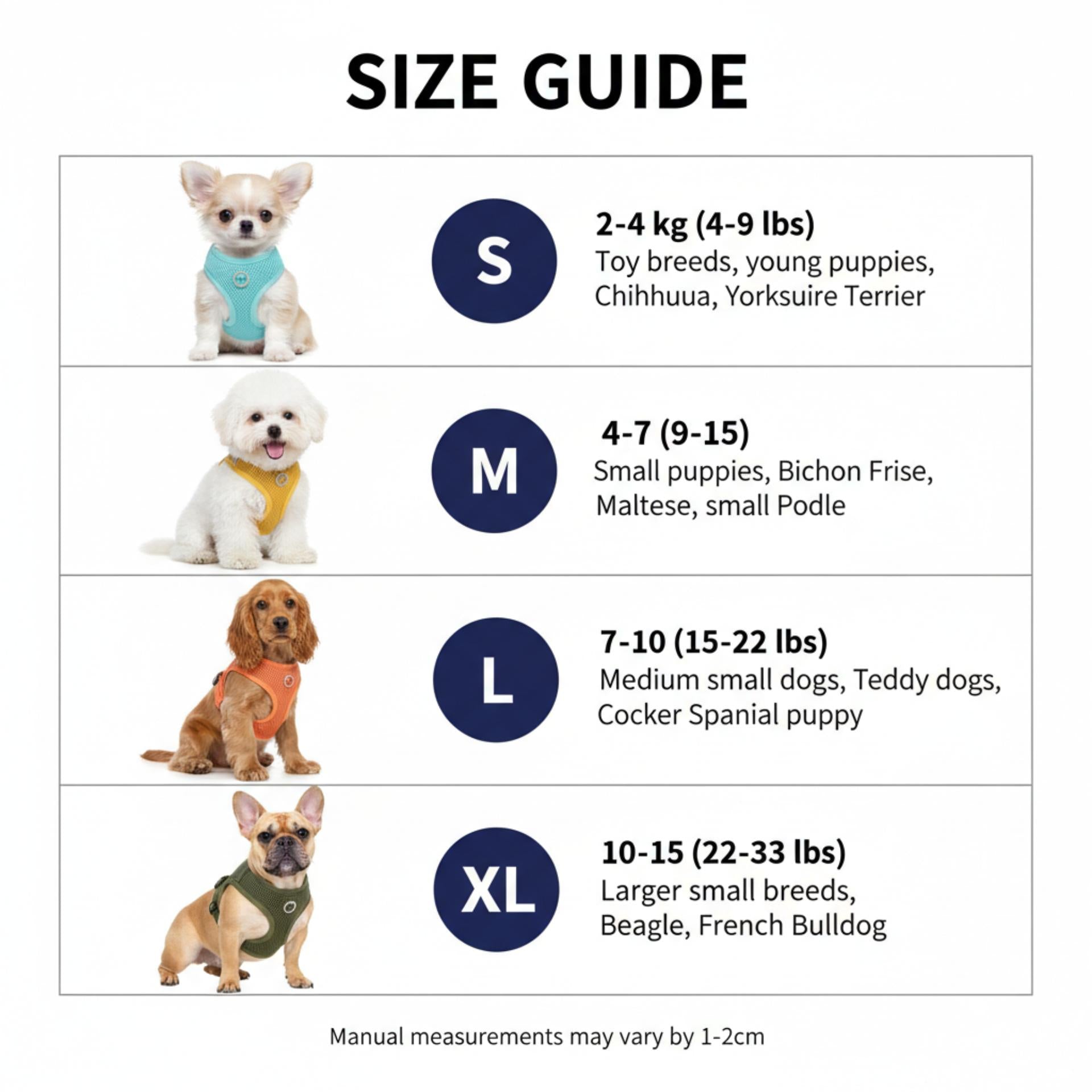 Dog size guide with illustrations of small dogs and corresponding weight ranges.
