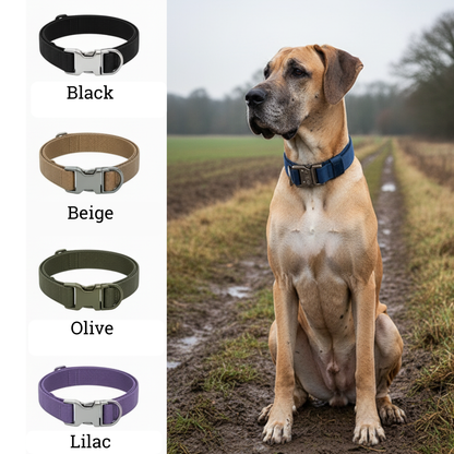 Navy blue heavy-duty training dog collar with silver quick-release buckle and control handle