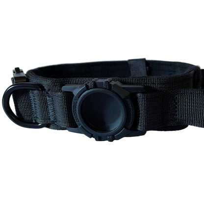 Black dog collar with a buckle on a light gray background
