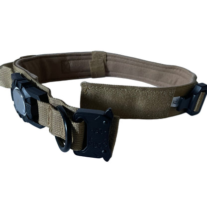 Brown tactical belt with black buckle on a white background