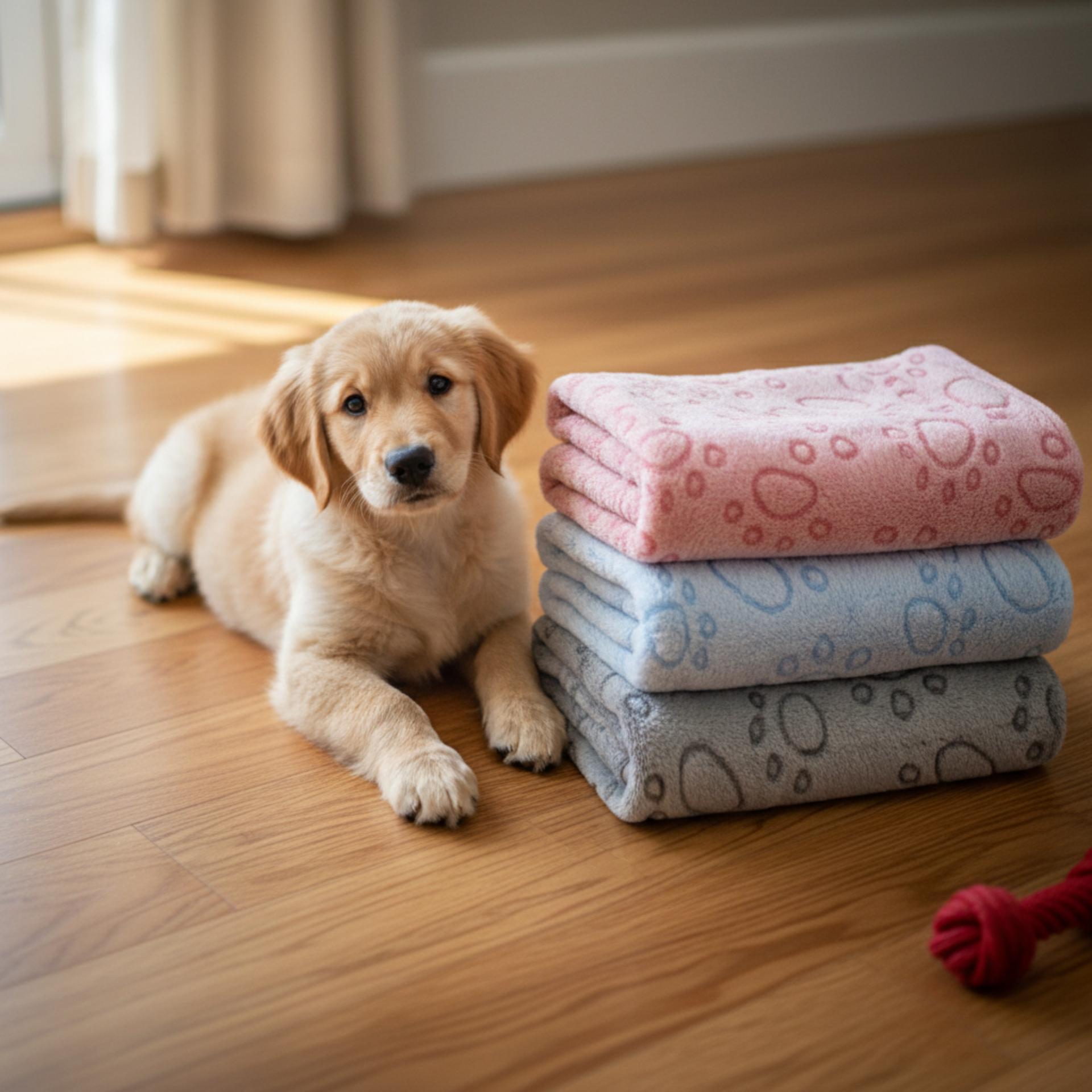 Puppy lying on a wooden floor next to folded pet towels and a red toy.
