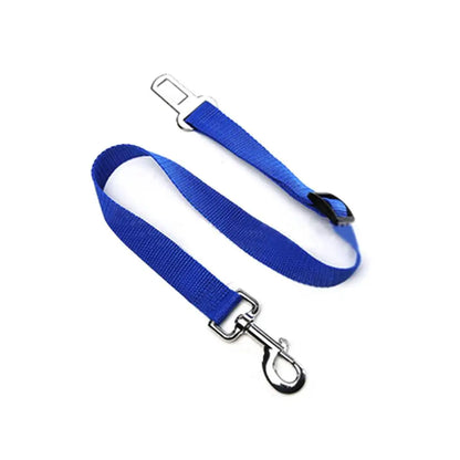 Blue seat belt safety strap with metal clip on a white background