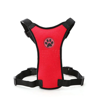 Red dog harness with black paw print design on a white background
