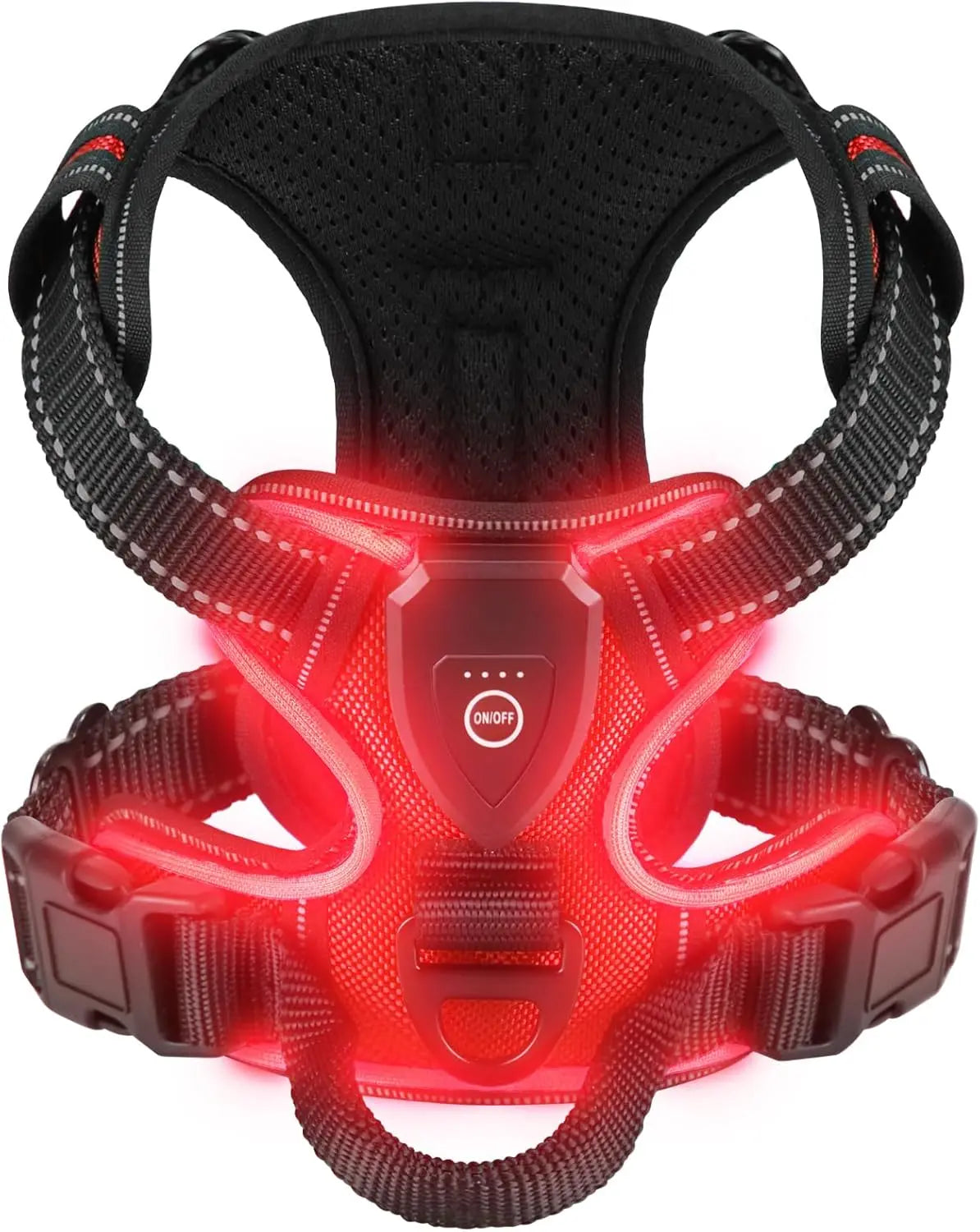 "Red LED dog harness with rechargeable glow lights - safety harness for dogs at night"