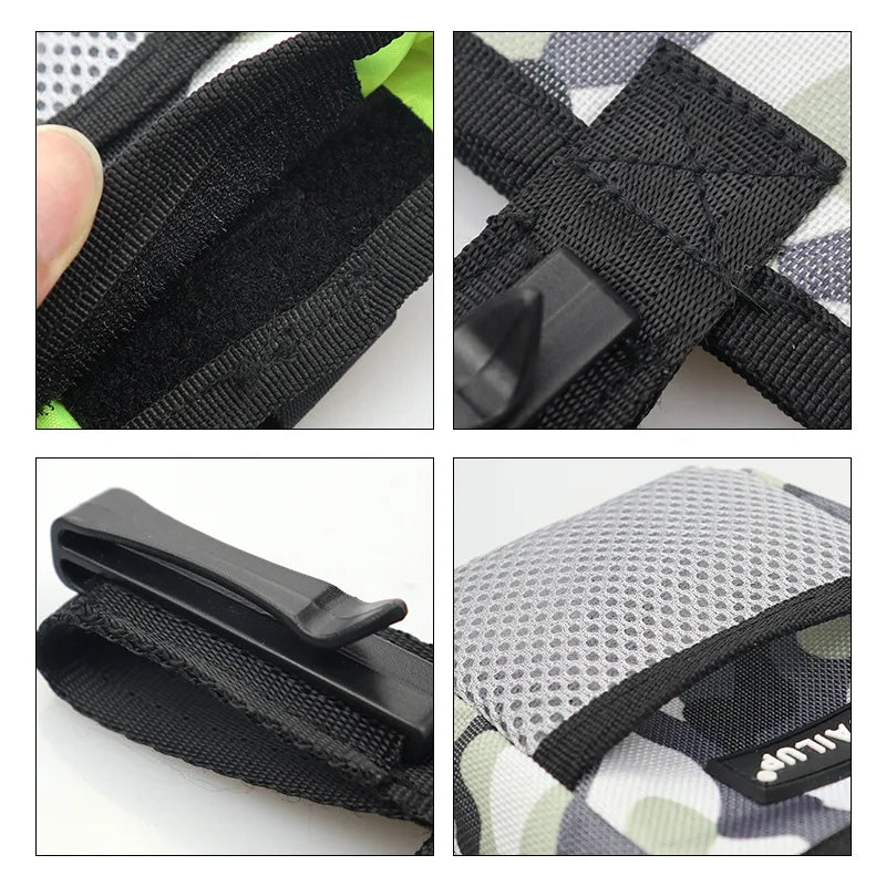 Close-up details of a black strap and mesh bag with visible brand name.