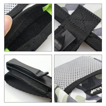 Close-up details of a black strap and mesh bag with visible brand name.