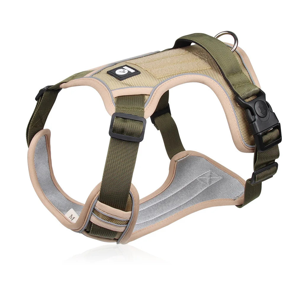 Beige and green tactical harness - Durable Oxford cloth vest for Border Collies, Labradors, and large dogs