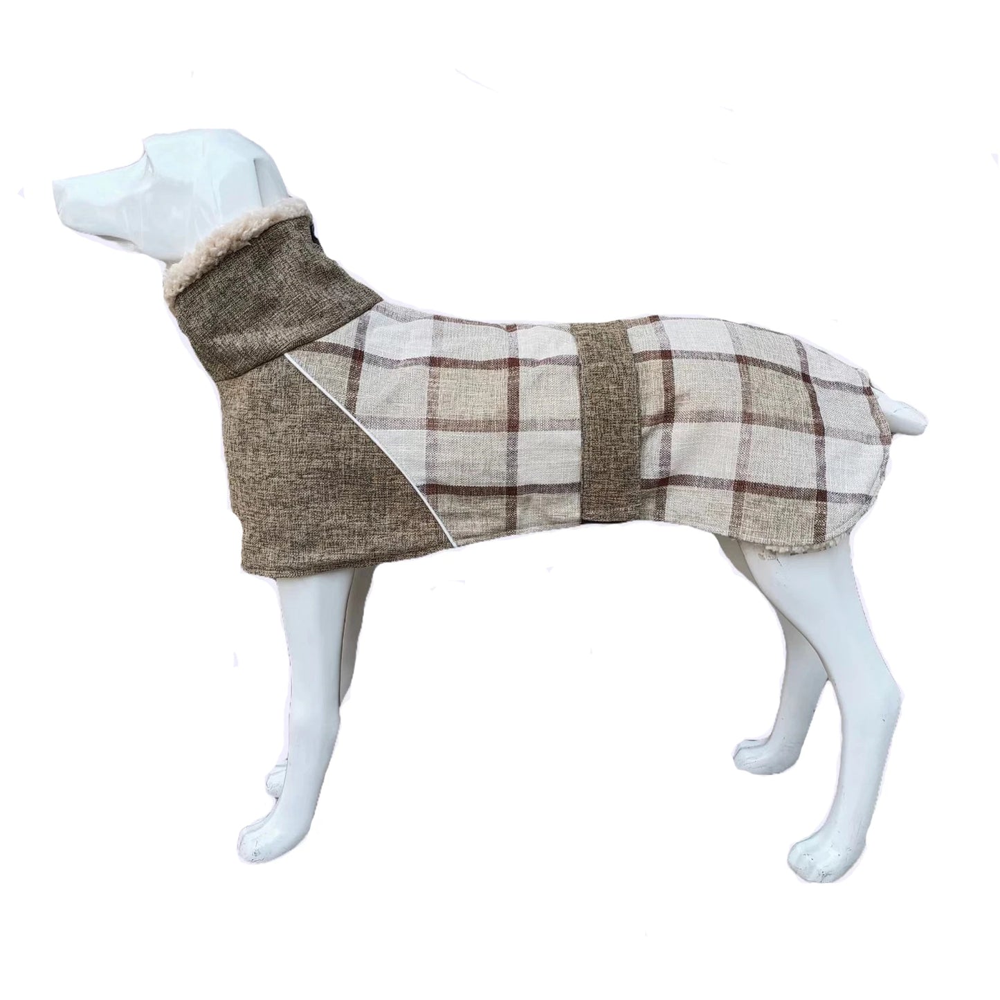 Dog coat with plaid pattern on a mannequin against a white background