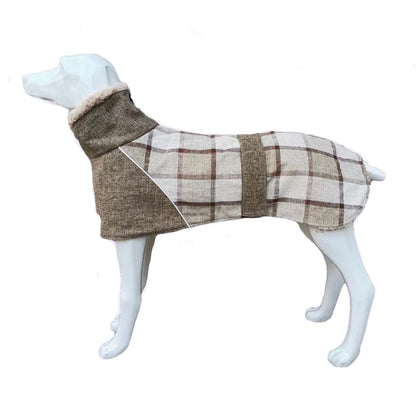 Dog coat with plaid pattern on a mannequin against a white background
