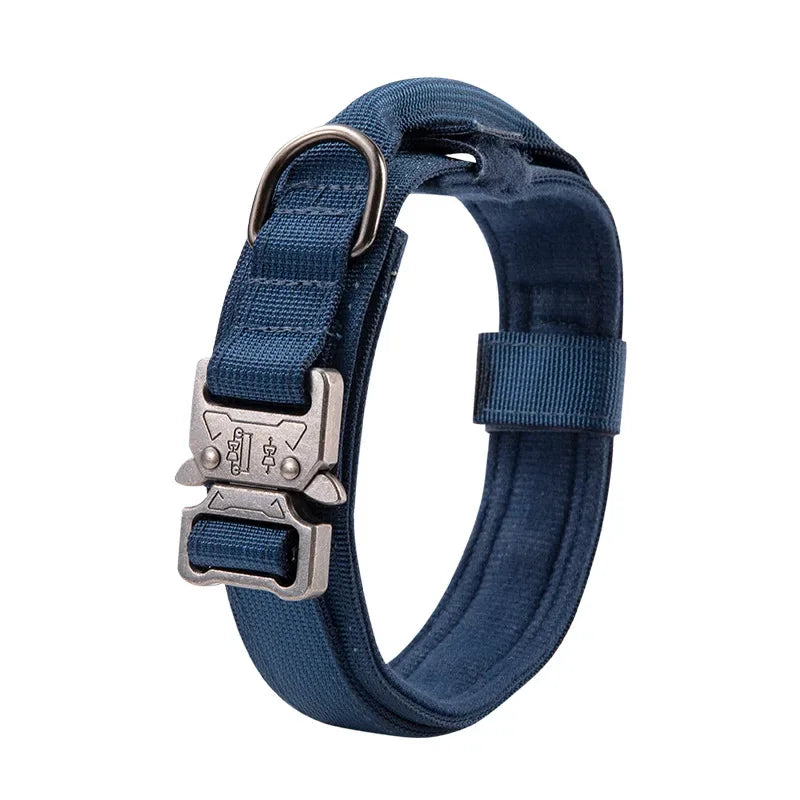 Navy Heavy-duty dog collar detail - Quick-release buckle and control handle for safe dog training