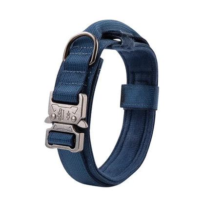 Navy Heavy-duty dog collar detail - Quick-release buckle and control handle for safe dog training
