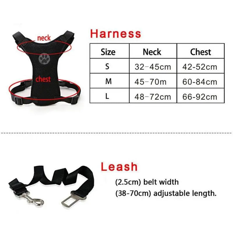 Dog harness and leash set with size chart on a white background