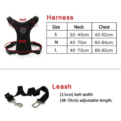 Dog harness and leash set with size chart on a white background