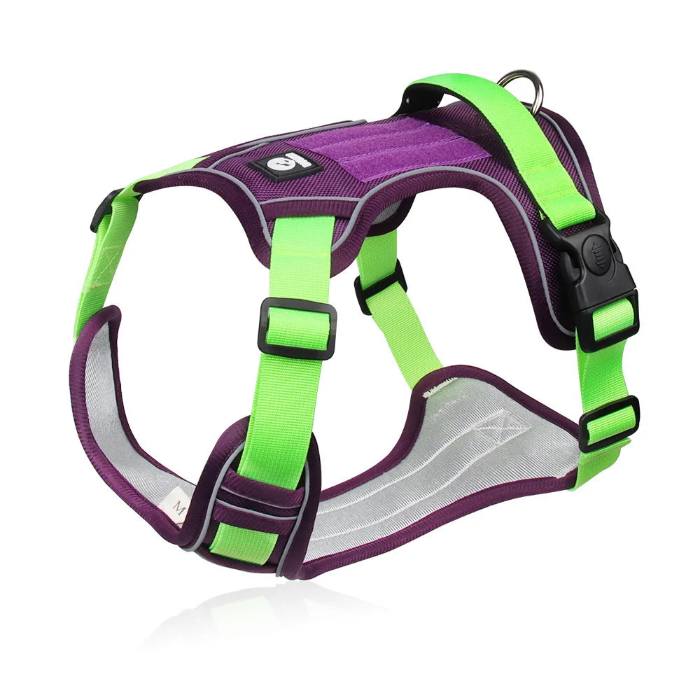 Purple tactical dog harness - No-pull training vest with reflective safety strips for medium to large breeds