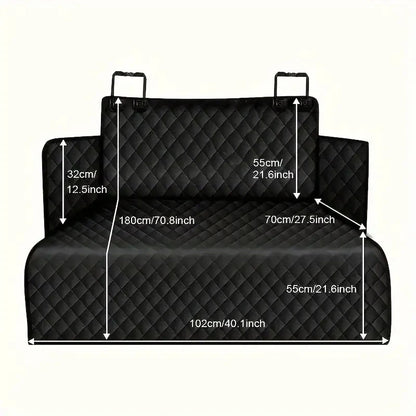 Black car seat cover with measurements on a white background