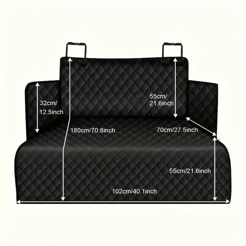 Black car seat cover with measurements on a white background
