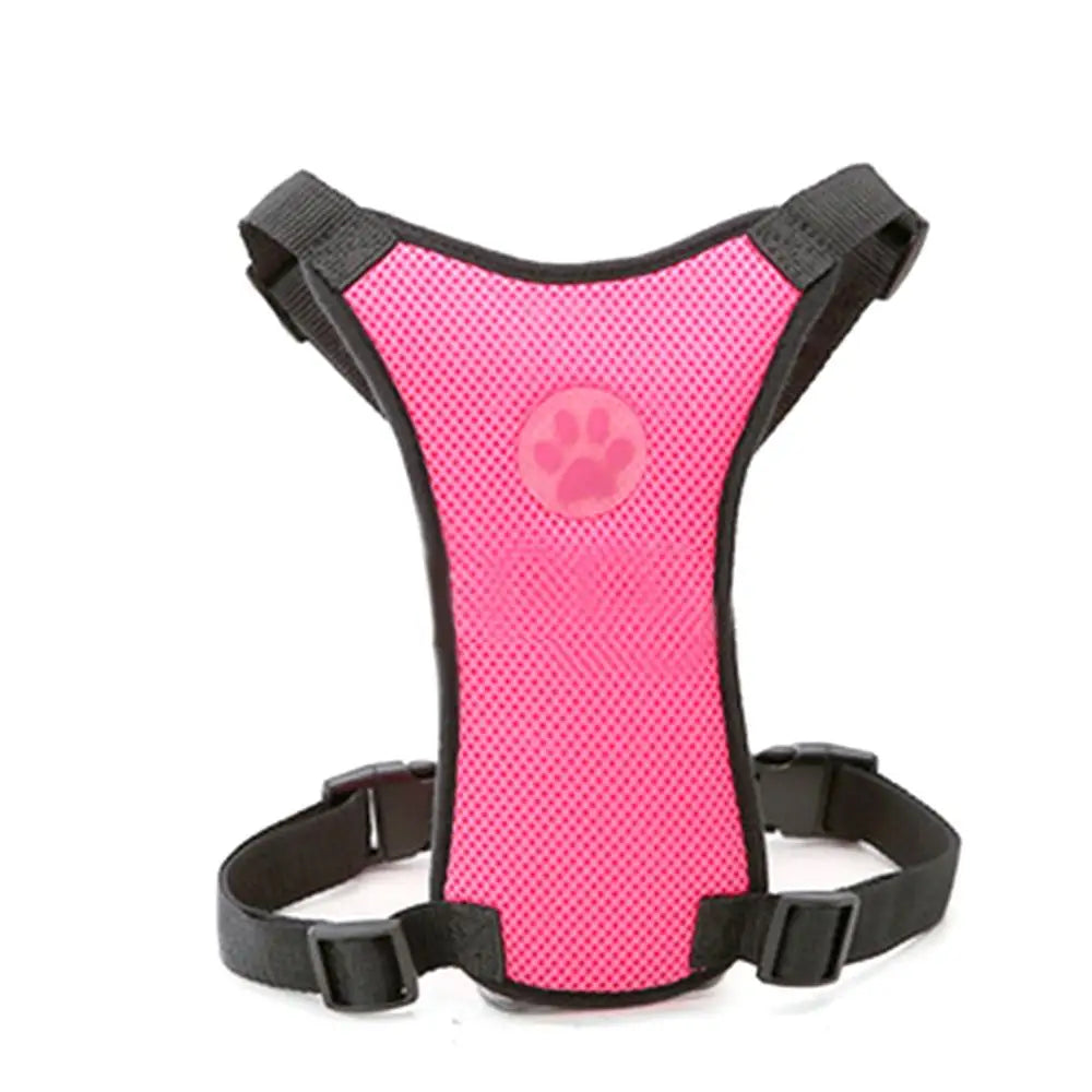 Pink dog harness with black straps on a white background