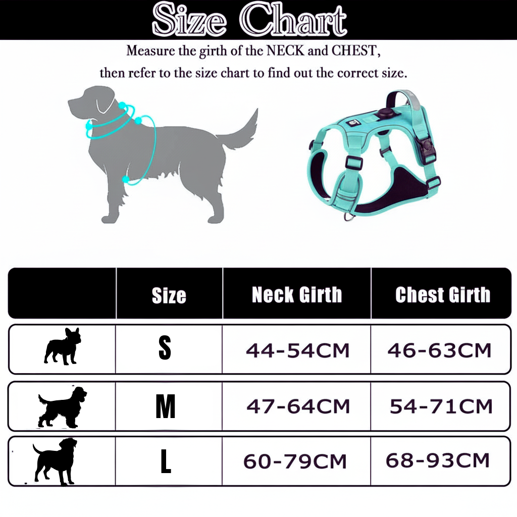 Dog harness size chart with measurements for neck and chest girths.