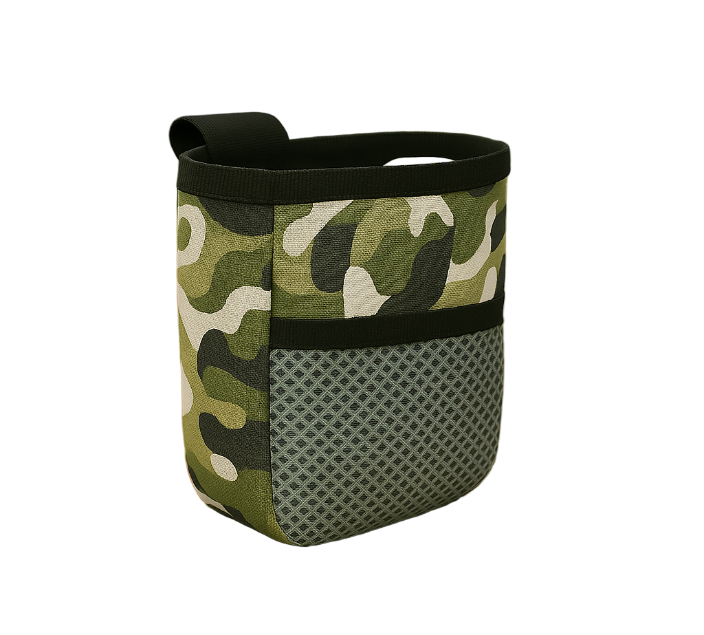 Camouflage-patterned bag on a wooden surface with a blurred green outdoor background