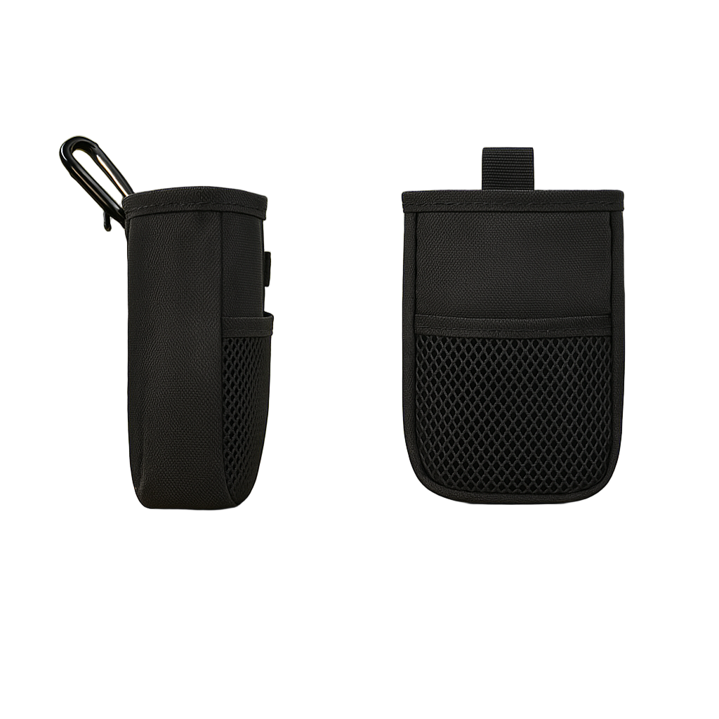 Two black pouches with measurements on a wooden surface outdoors