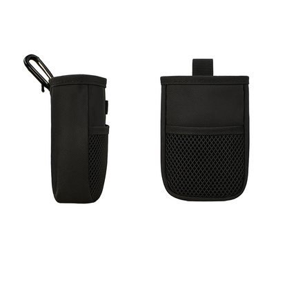 Two black pouches with measurements on a wooden surface outdoors
