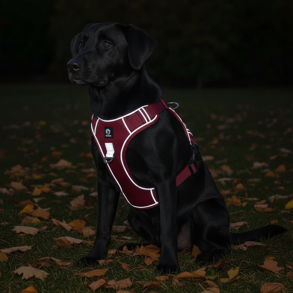 Reflective dog harness for night safety - 360° visibility strips on tactical vest for Labradors and German Shepherds