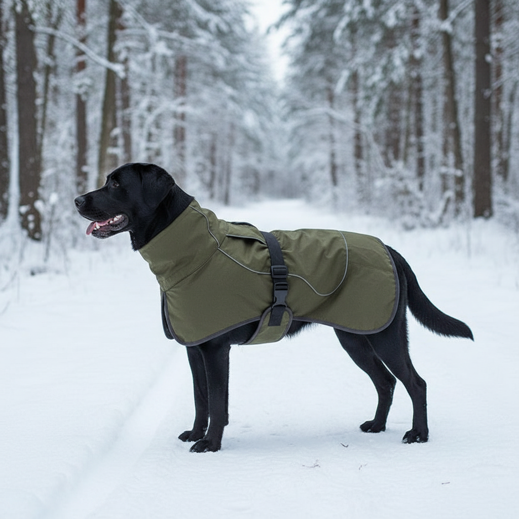 Waterproof fleece winter coat for large dogs - Black Labrador wearing reflective safety strips and windproof jacket