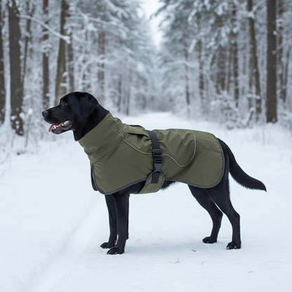 Waterproof fleece winter coat for large dogs - Black Labrador wearing reflective safety strips and windproof jacket