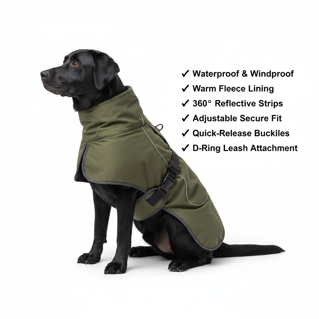 Winter dog coat features - Waterproof, windproof, reflective safety strips, and warm fleece lining for large breeds