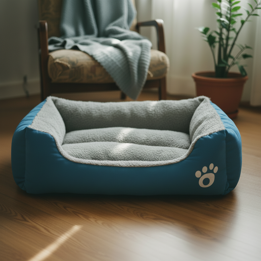 Blue dog bed in matching scene