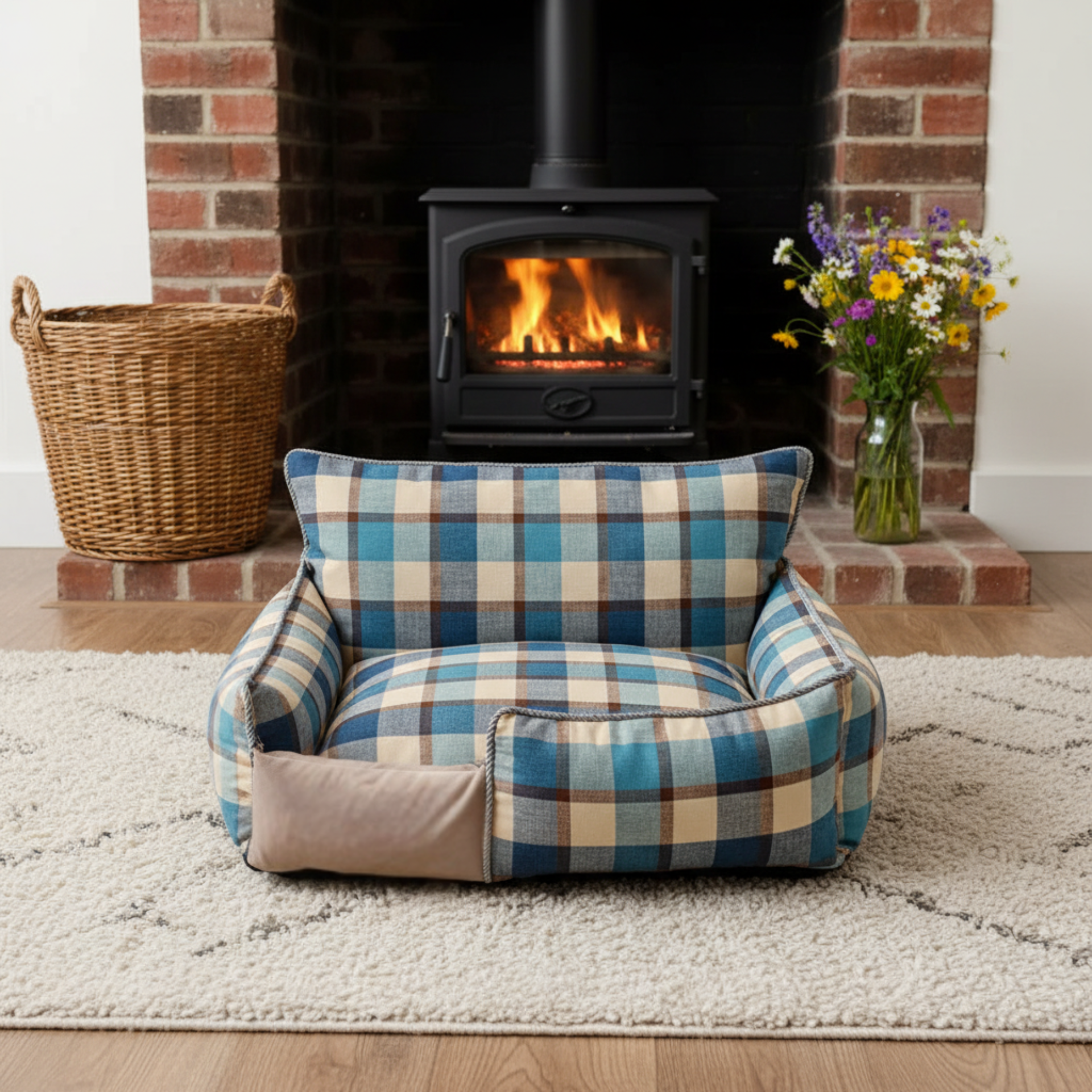 "Blue tartan dog bed with waterproof base - washable Oxford cloth pet bed on cream rug"