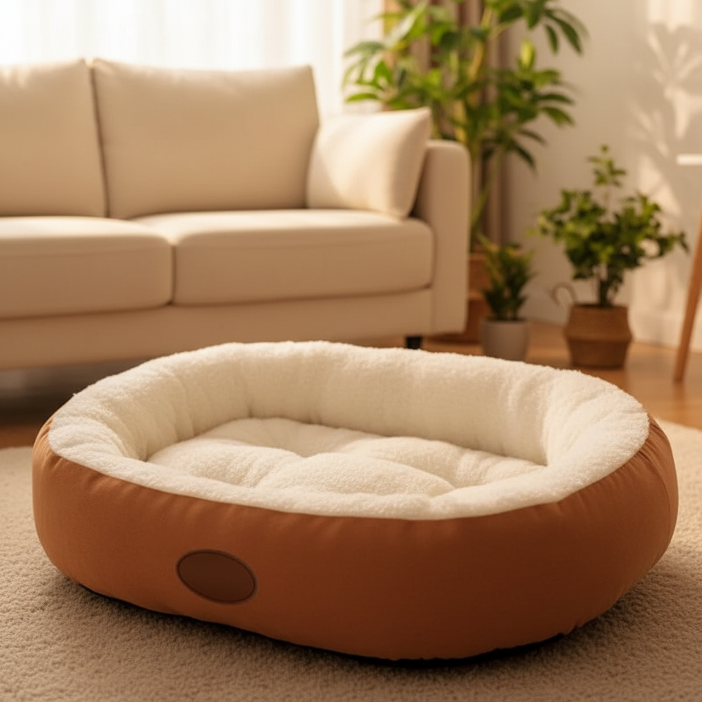 Brown plush oval dog bed - plain leather patch