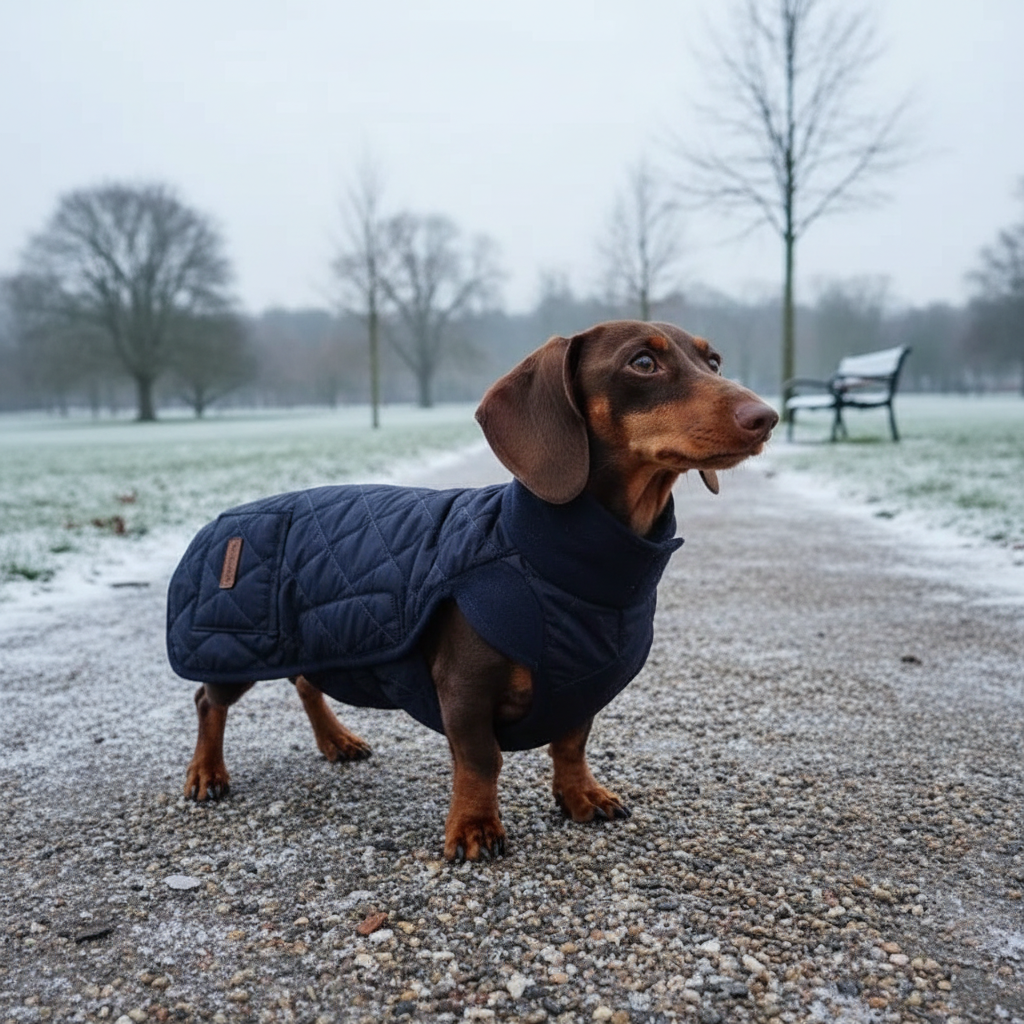 Warm cotton vest for Dachshunds - Small dog wearing lightweight winter coat in outdoor park setting