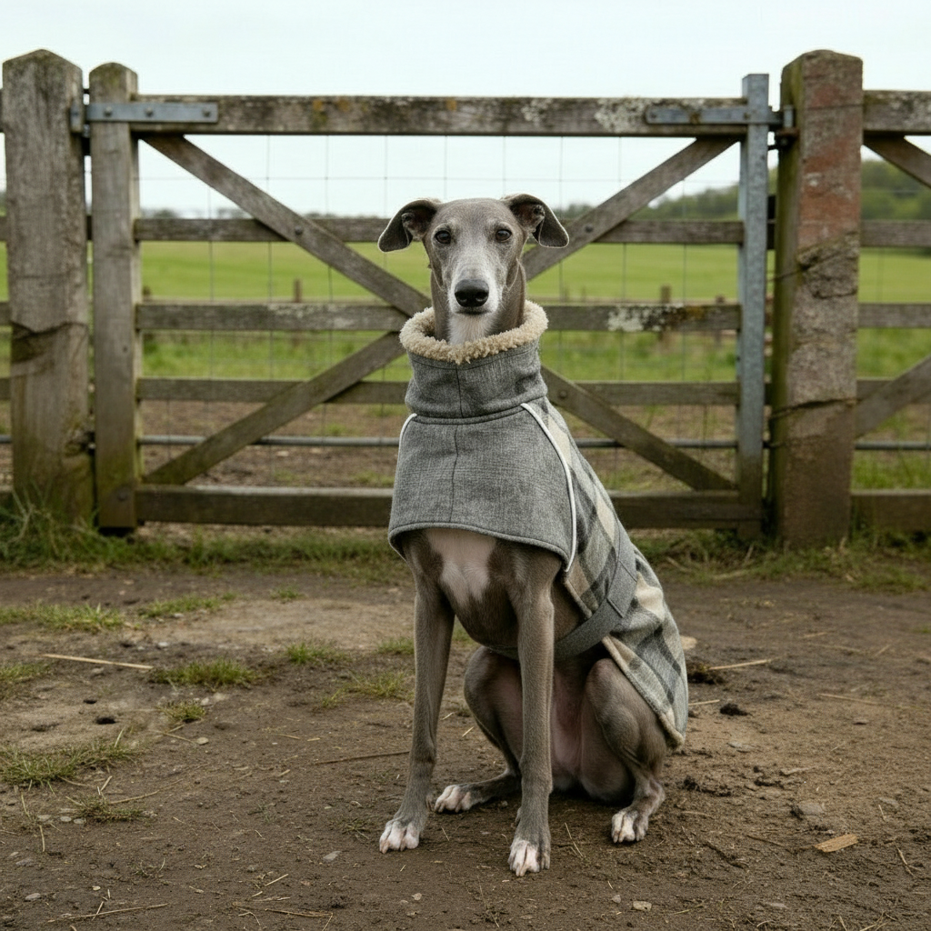 Dog wearing a coat sitting in front of a wooden gate with a field in the background