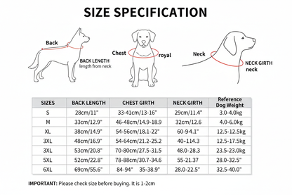 Dog coat size specification chart