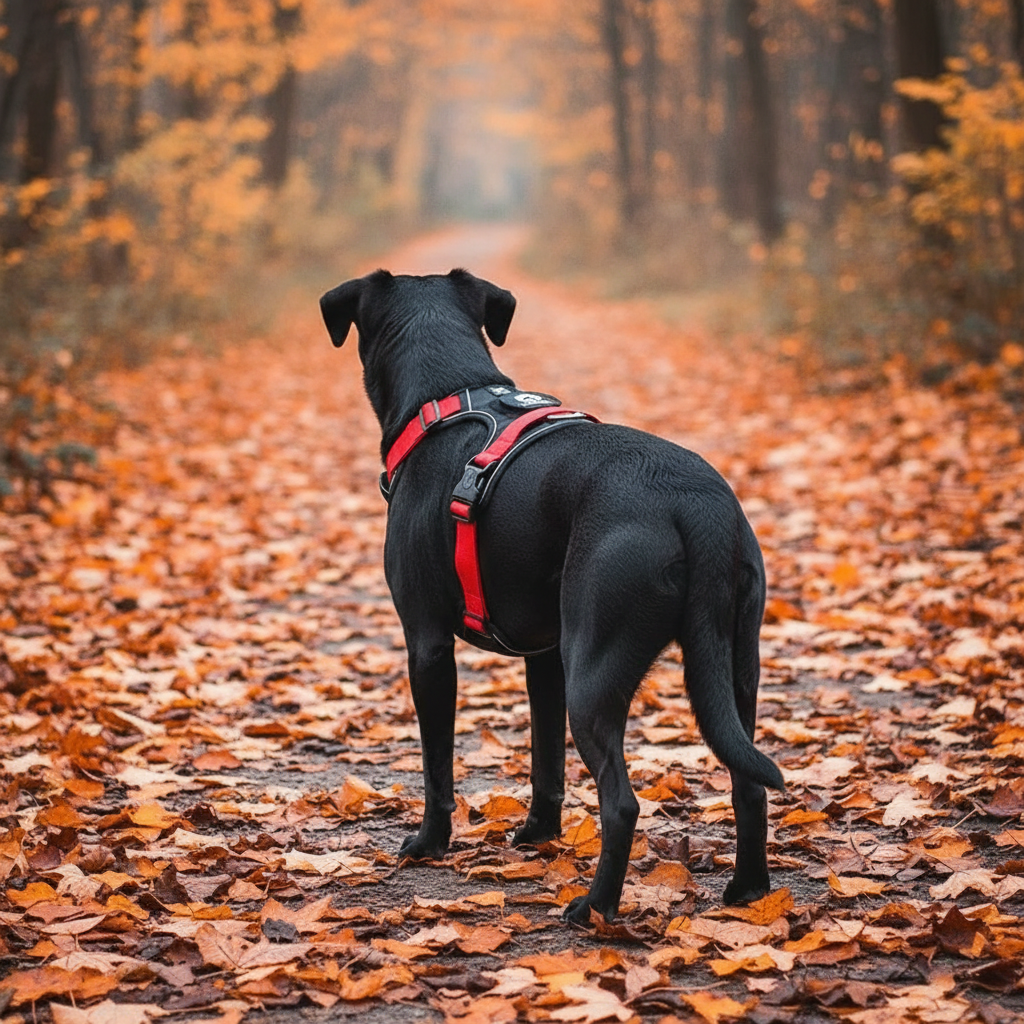 Tactical dog harness back view - Dual leash attachment points with reflective safety strips for training and hiking