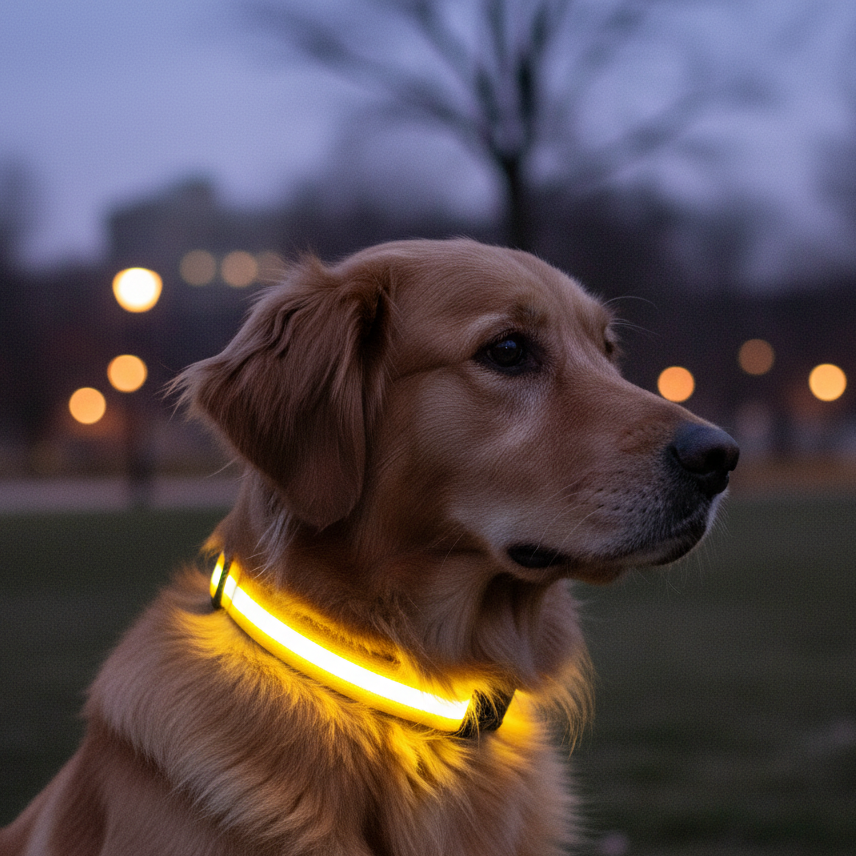 Dog wearing yellow glowing LED collar at dusk