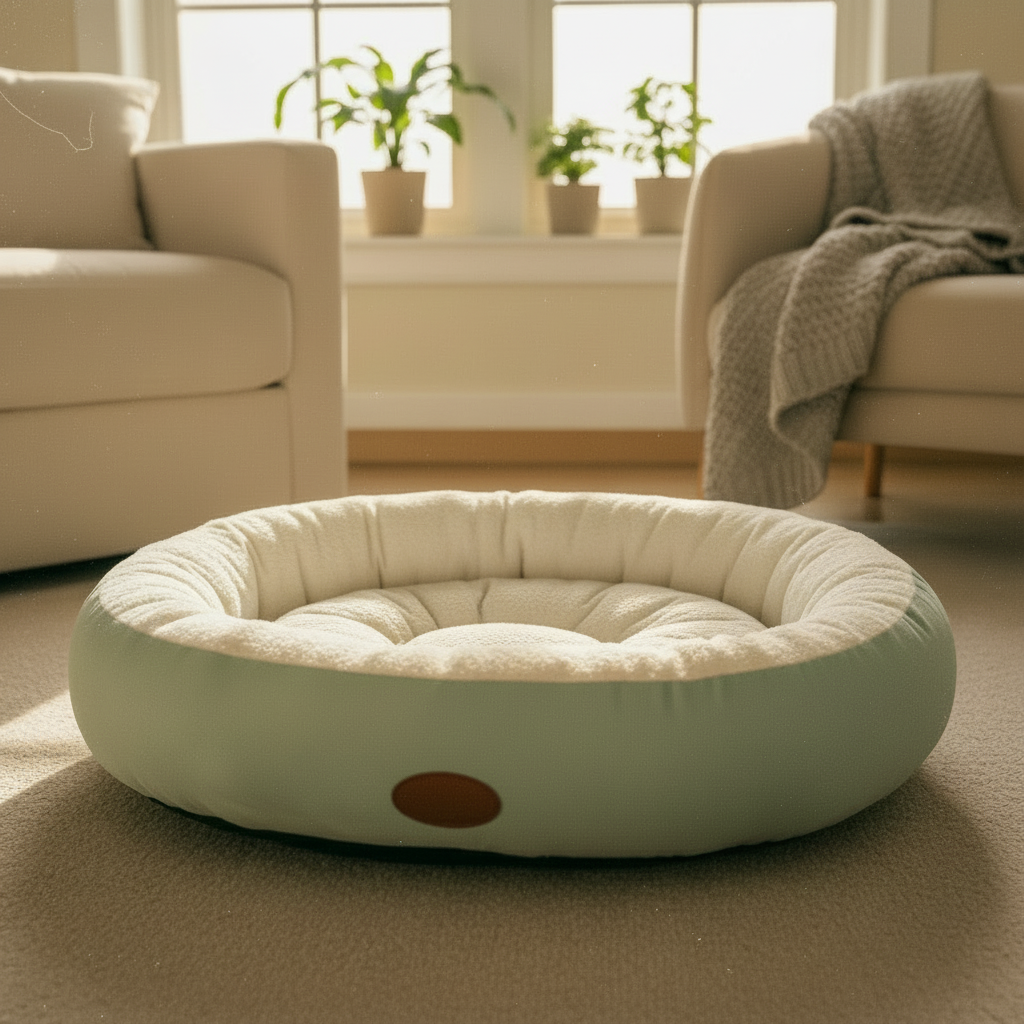 Empty mint green plush oval dog bed