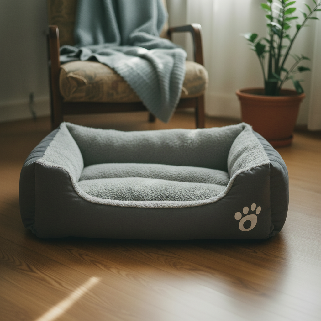 Grey dog bed in cozy home scene