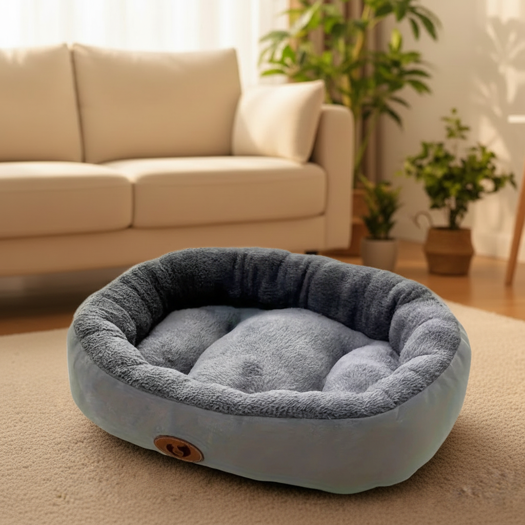 Grey dog bed in living room setting