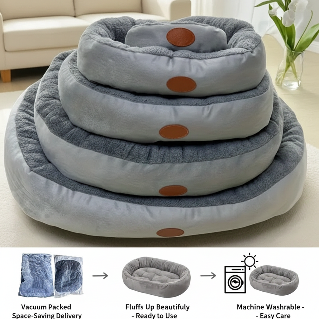Grey dog beds stacked with USP features