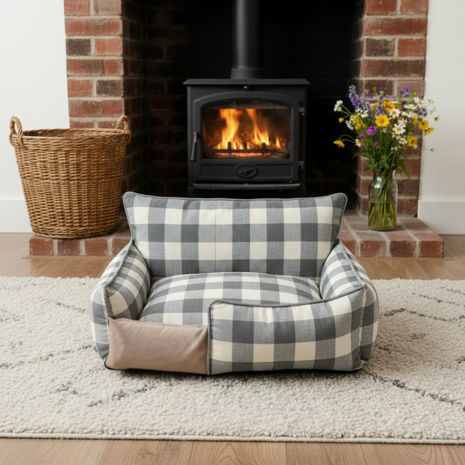 "Grey tartan dog bed with bolster sides - comfortable raised edge pet bed for dogs"