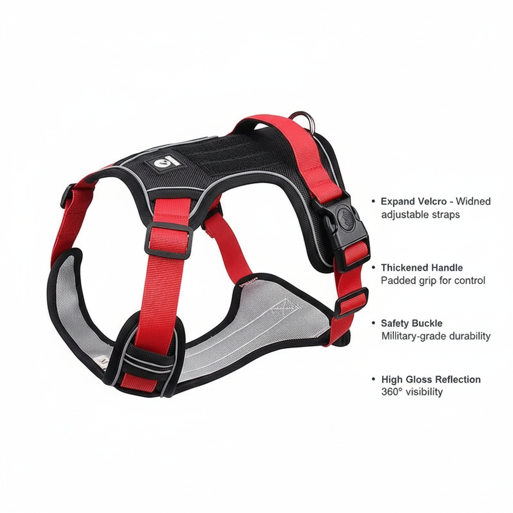 Tactical dog harness features - Waterproof 1680D Oxford cloth, reflective strips, no-pull design, quick-release buckles