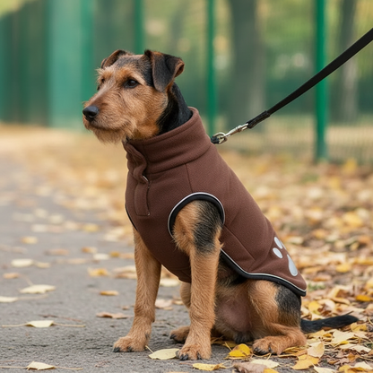 Lakeland Terrier sitting wearing brown fleece jacket