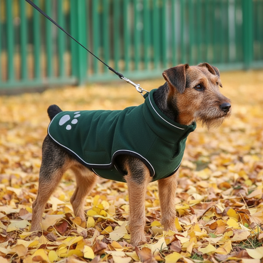 Lakeland Terrier wearing exact green fleece jacket with white trim