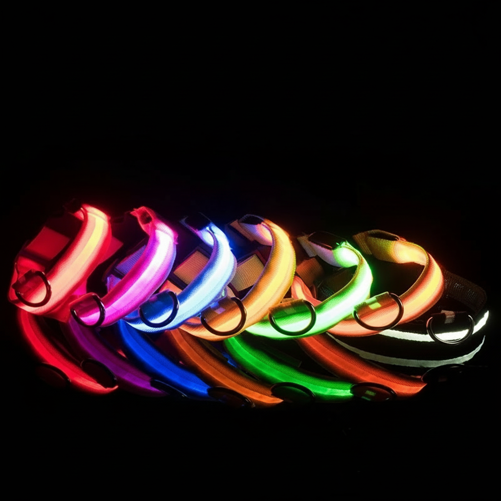 LED dog collars in multiple colors on black background