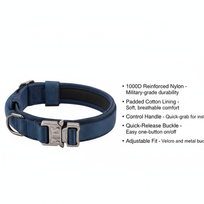 Heavy-duty training collar with 1000D nylon, padded lining, control handle, and quick-release buckle for medium to large dogs