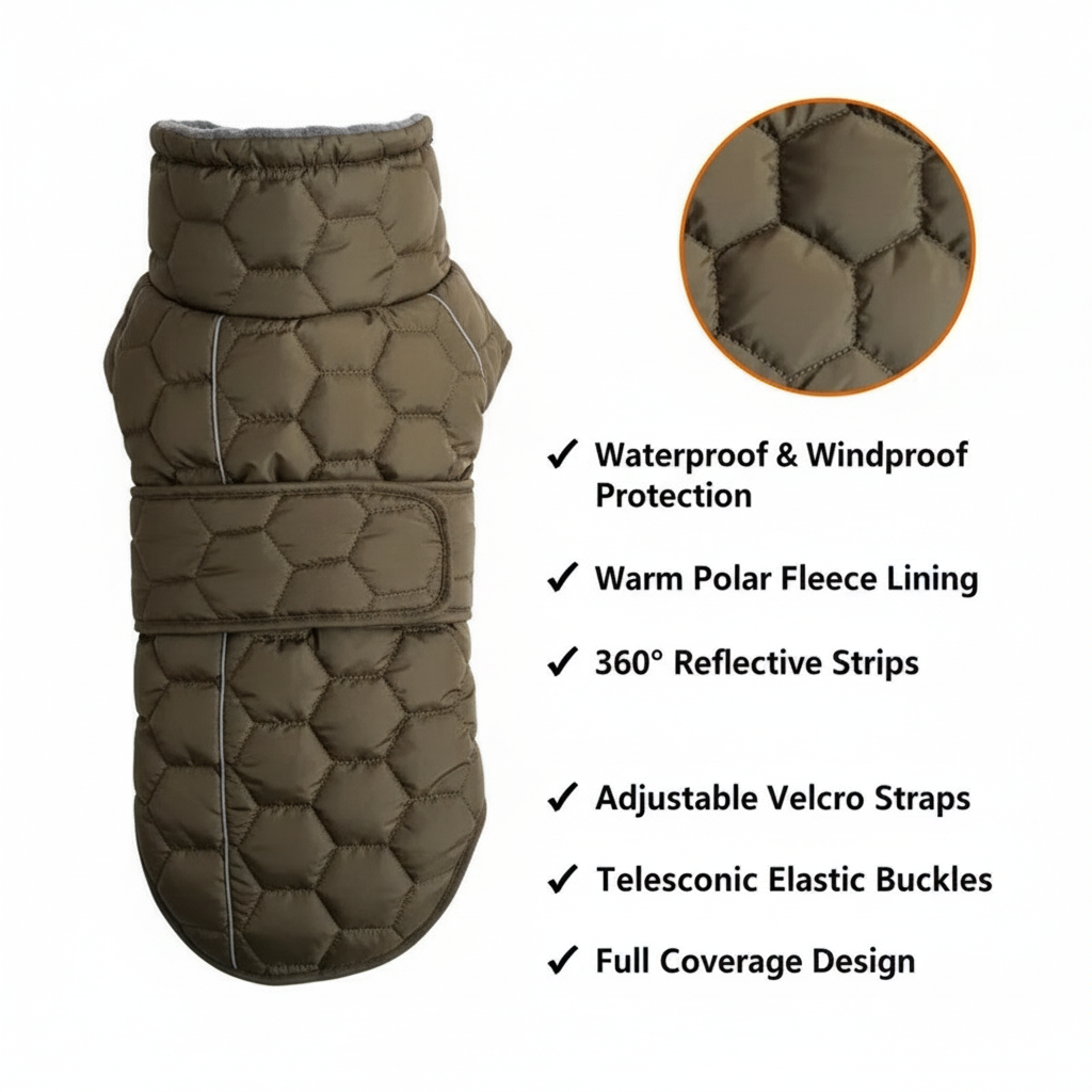 Large dog snowsuit features - Waterproof, windproof, reflective strips, and warm fleece lining for winter safety