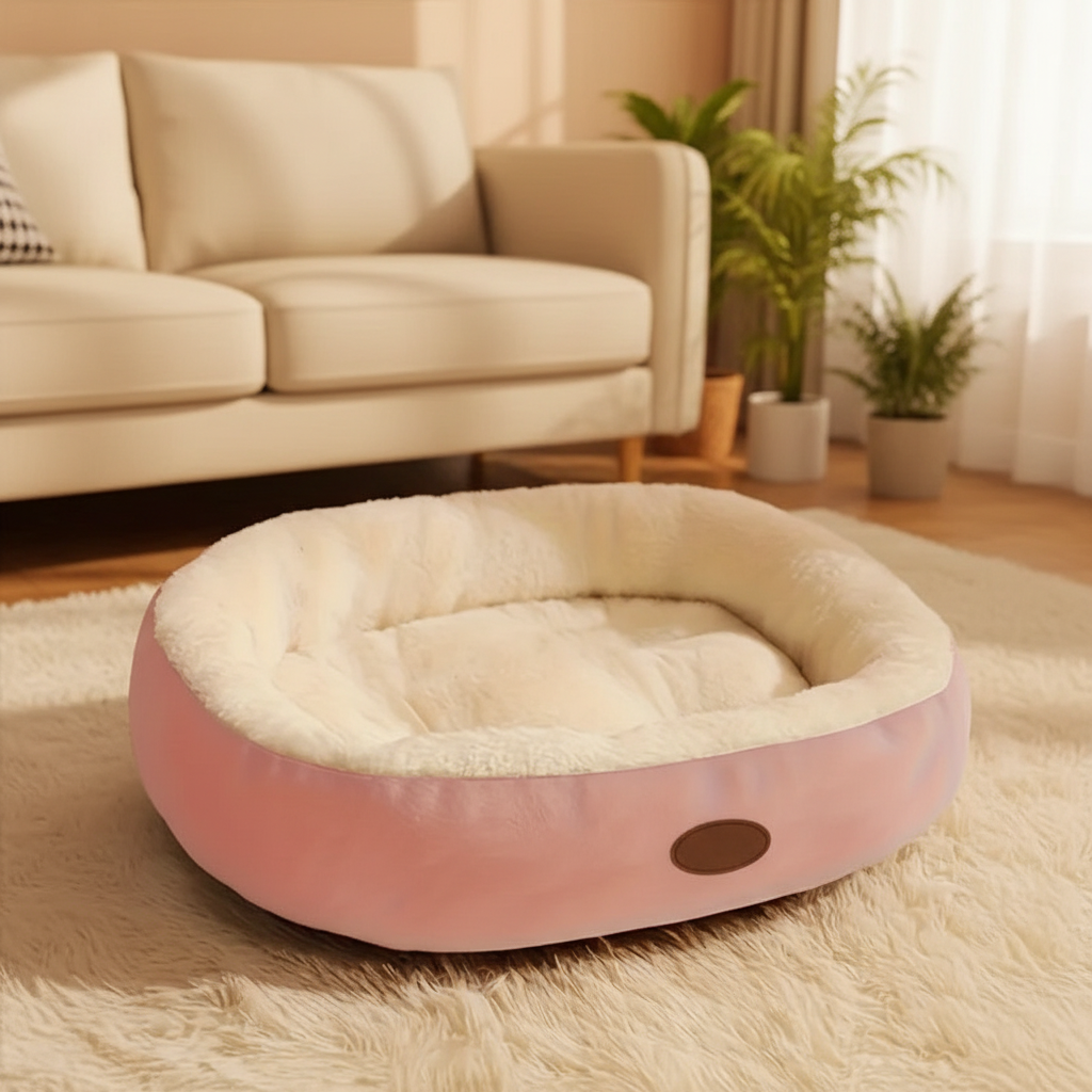 Pink plush oval dog bed - plain leather patch